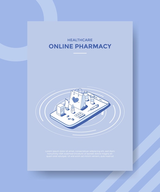 Online pharmacy ecommerce concept for template banner and flyer with isometric outline style