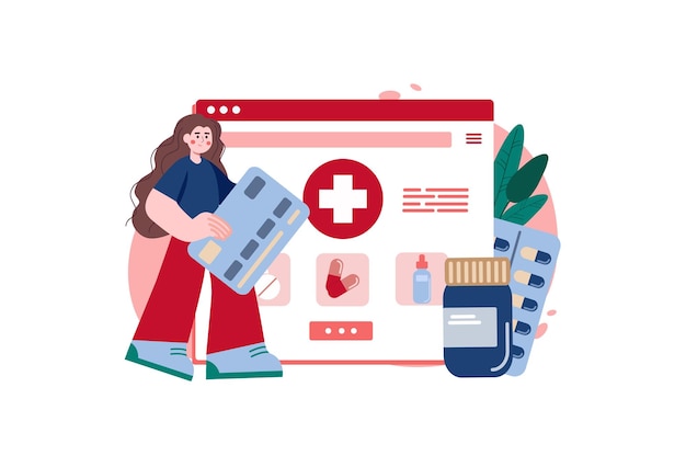 Online pharmacy red concept with people scene in the flat cartoon style Girl want to buy some pills