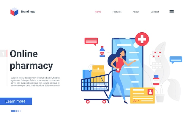 Online pharmacy service healthcare technology landing page woman patient ordering drugs