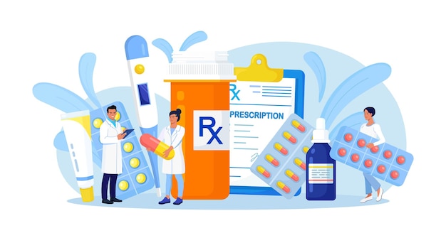 Online pharmacy store. Pharmacist in drugstore standing near medicine pills and bottles. Medical staff choosing medicaments. Medical laboratory, pharmaceutical lab with staff. Doctor care for patient