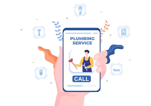 Online Plumbing Service with Plumber Workers Repair, Maintenance Fix Home and Cleaning Bathroom Equipment in Flat Background Illustration