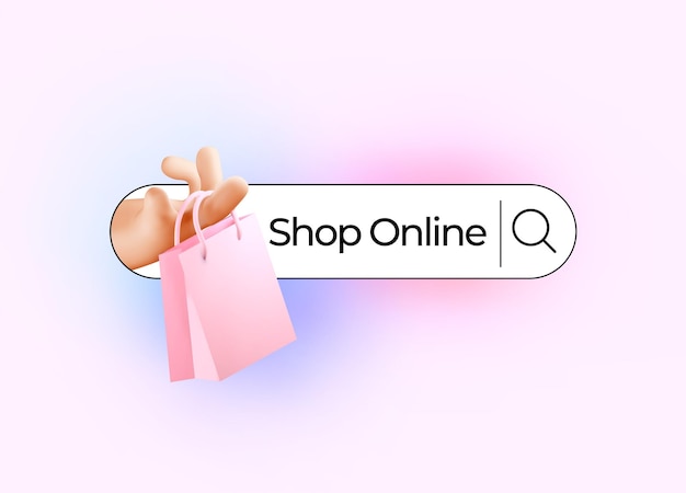 Online product search or online shopping concept with hand with shopping bag web coming out from searching bar Vector illustration