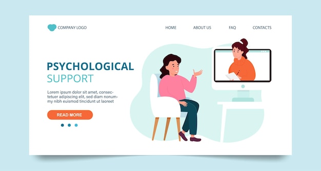 Online psychological support, landing page template. Mental health concept. Vector illustration in flat style