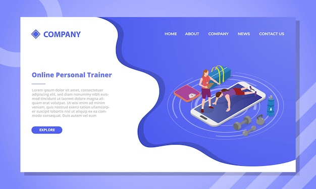 Online pt personal trainer coach concept for website template or landing homepage with isometric style