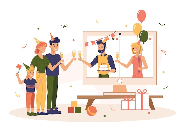 Online quarantine birthday party with family cartoon adult and children celebrating holiday