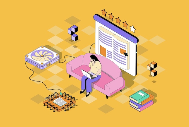 Online reading concept in 3d isometric design Woman read ebook using laptop program buying electronic literature at online bookstore Vector illustration with isometry people scene for web graphic