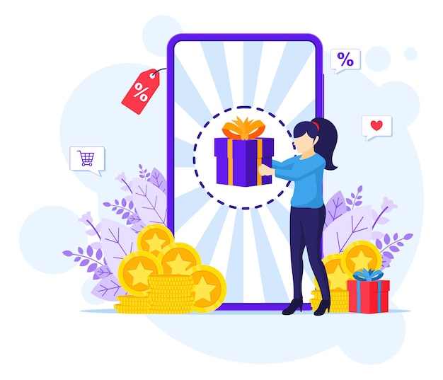 Online reward concept, A woman receive a gift box from an Online loyalty program and bonus flat illustration 