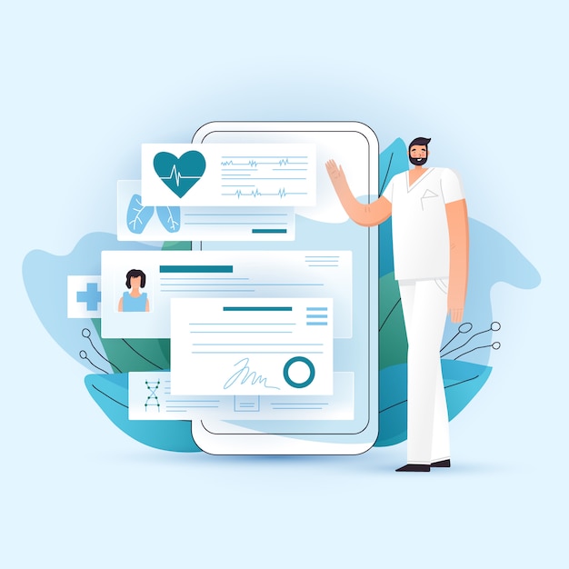 Online RX Medical Prescription and medic check up on smartphone, illustration. Doctor showing app on phone with prescriptions, medical test and diagnosis for patient. Online medicine concept