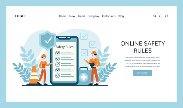 Vector online safety rules vector illustration of workers reviewing digital safety protocols integrating