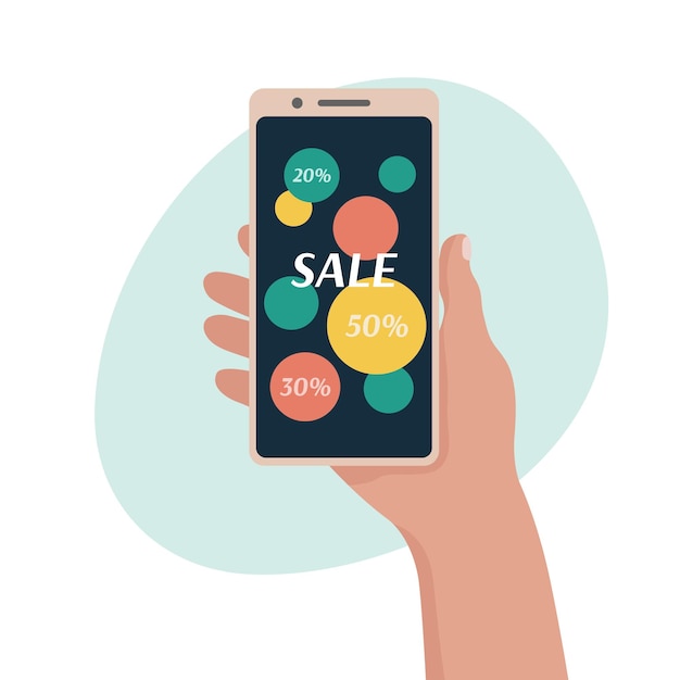 Online sale advertising in mobile phone Smartphone in hand of person Cellphone device screen with text Sale and percents Online shopping concept Flat vector illustration