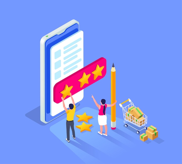 Online sale outlet isometric composition with smartphone and small human characters setting rating stars for seller illustration