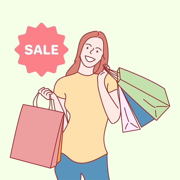 Online Sale Promotion Event. shopping woman character. Hand drawn style vector illustrations.