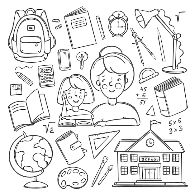 ONLINE SCHOOL MONOCHROME Home Education Vector Object Set