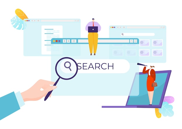 Online search concept with characters looking at computer screen and magnifying glass digital