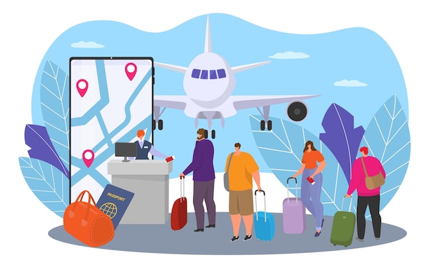 Online service for plane travel vector illustration flat people character wait for trip tourism jour...