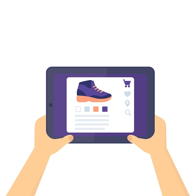 Online shoe store, buy sneakers, tablet in hands