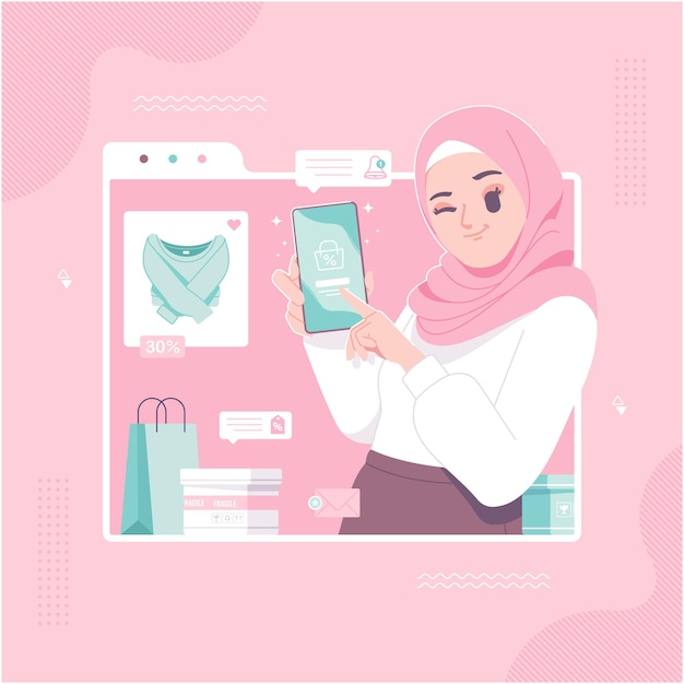 online shop concept islamic hijab girl illustration