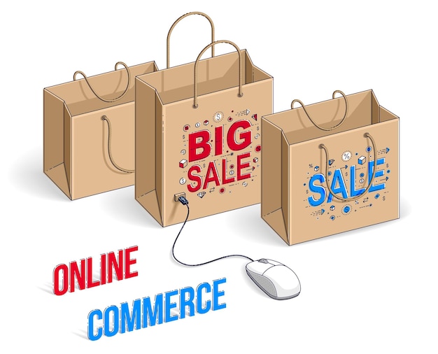 Online Shop concept, web store, internet sales, Shopping bag with pc mouse connected isolated on white background. Isometric vector business and finance illustration, 3d thin line design.