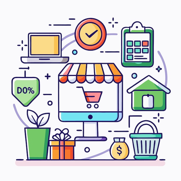 Online shop concept with computer shopping cart and discount