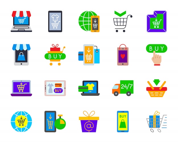 Online shop, ecommerce, internet buy, electronic payment flat icons set.