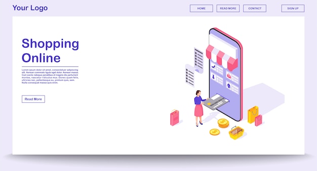 Online shopping app webpage  template with isometric illustration