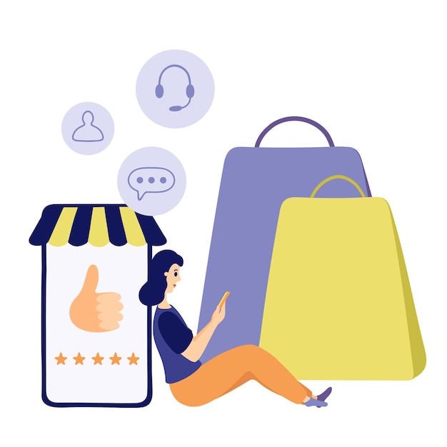 Vector online shopping banner with woman giving five star feedback. vector customer review concept