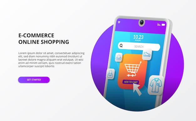 Online shopping click buy on mobile e commerce landing page concept digital marketing promotion 3d phone modern illustration