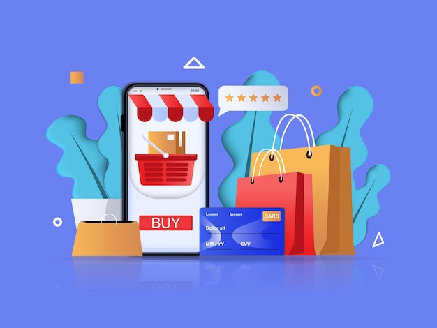 Online shopping concept 3D illustration Icon composition with mobile application Vector illustration