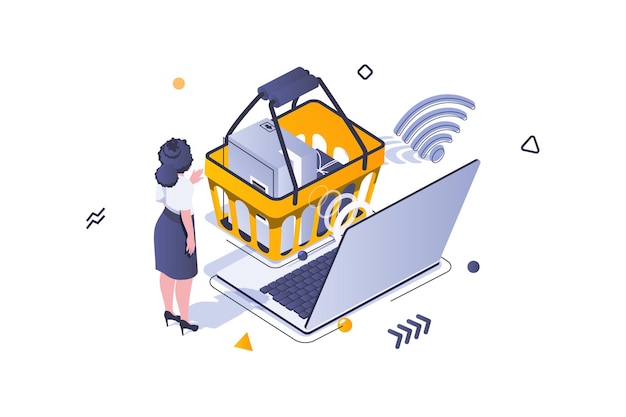 Online shopping concept in 3d isometric design Woman buying new goods at supermarket and ordering delivery using store site at laptop Vector illustration with isometric people scene for web graphic