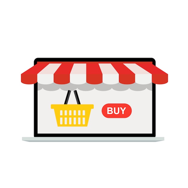 Online Shopping concept background with market on laptop screen .  Illustration