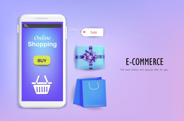 Online shopping concept on the purple background