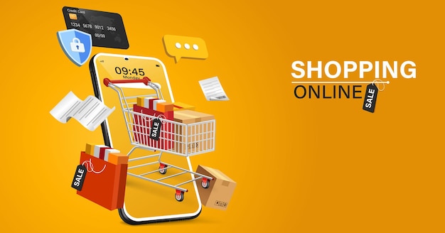 Online shopping concept Shopping cart with bags standing upon big mobile phone Flat vector design