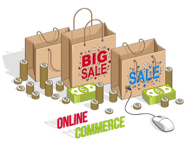 Online Shopping concept, web store, internet sales, Shop bag with pc mouse and cash money stacks isolated on white. Vector 3d isometric business and finance illustration, thin line design.