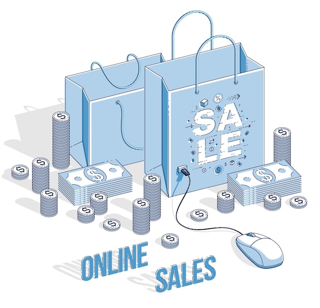 Online Shopping concept, web store, internet sales, Shop bag with pc mouse and cash money stacks isolated on white. Vector 3d isometric business and finance illustration, thin line design.