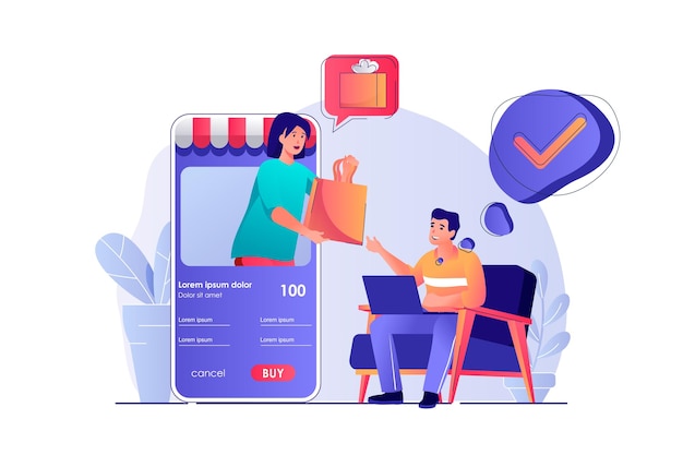 Online shopping concept with people scene Man customer makes purchases at discount prices ordering delivery in app Woman selling goods Vector illustration with characters in flat design for web