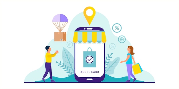 Online shopping concept with phone and people. Customer service and delivery. Vector illustration in modern flat style for web banner, landing page.