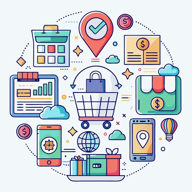 Vector online shopping concept with shopping cart smartphone gifts and map pin