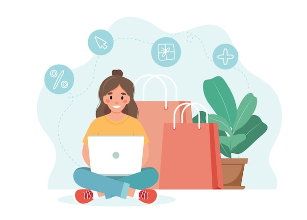 Online shopping concept with woman holding a laptop.  template