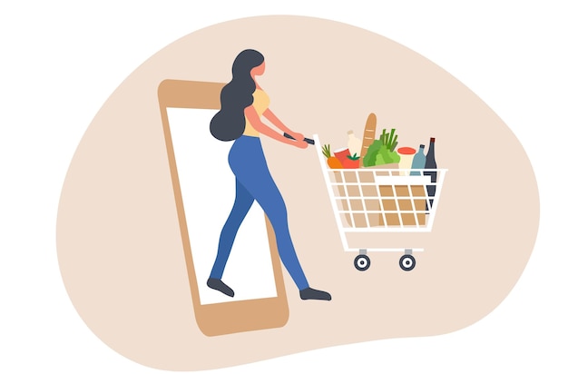 Online shopping concept woman holding grocery shopping cart from smartphone vector illustration