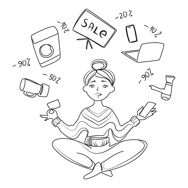 Online shopping concept. woman with a phone and a payment card in her hand and home appliances