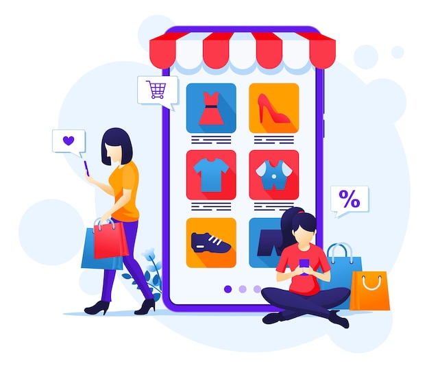 Online shopping concept, young women buying products in the online mobile application store flat illustration 