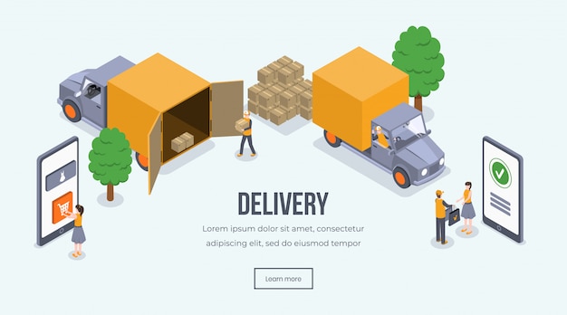 Online shopping, delivery, truck. Shipping vehicle, courier giving parcel to customer 3d concept