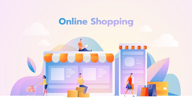 Online Shopping illustration Flat People Characters with Shopping Bags