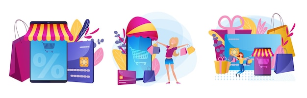 Online shopping illustrations set Happy people shop internet Gifts for purchases in the estore