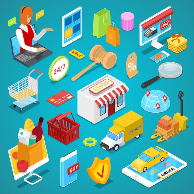 Online shopping isometric 3D set