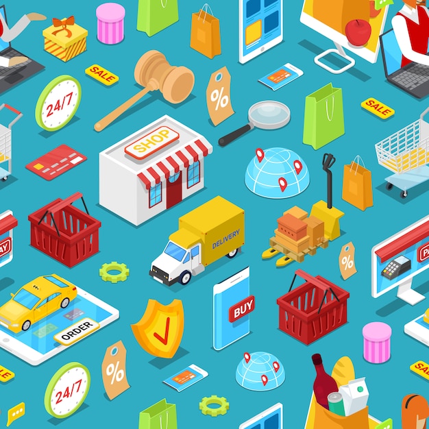 Online shopping isometric seamless pattern