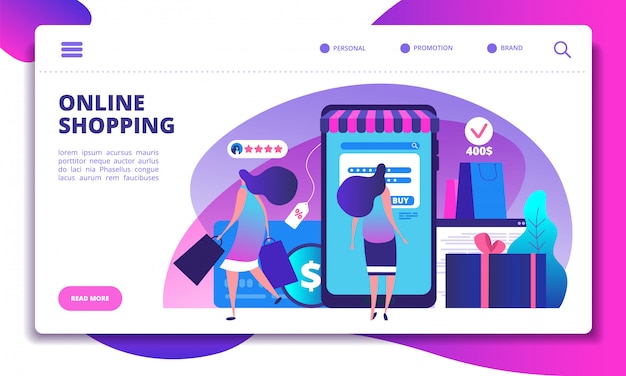 Online shopping landing page. People with smartphone doing internet payment in on-line store. Website or app vector design