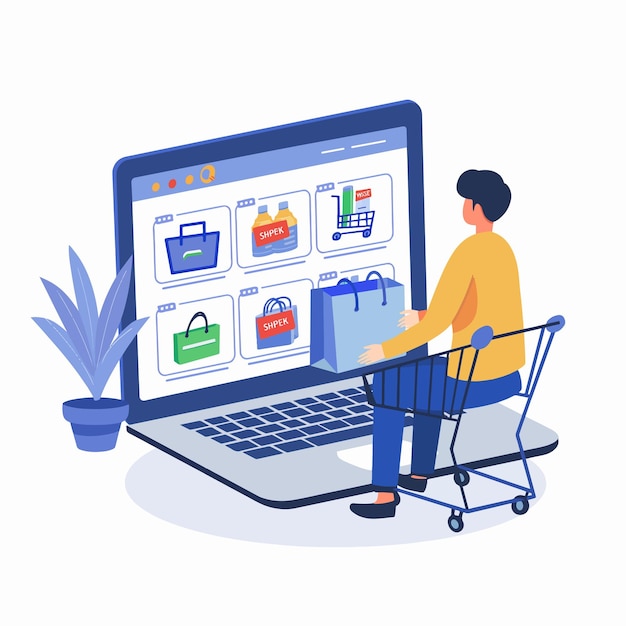 Online Shopping on Laptop Flat Design Vector Illustration