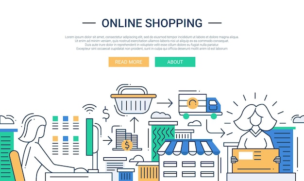 Online shopping line flat design banner with a purchase process