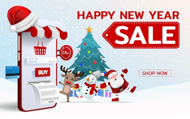 Online shopping in Merry Christmas, Happy new year theme with Santa Claus snowman and reindeer 3d perspective vector design. Trading online by credit card convenience to customers who use the service.